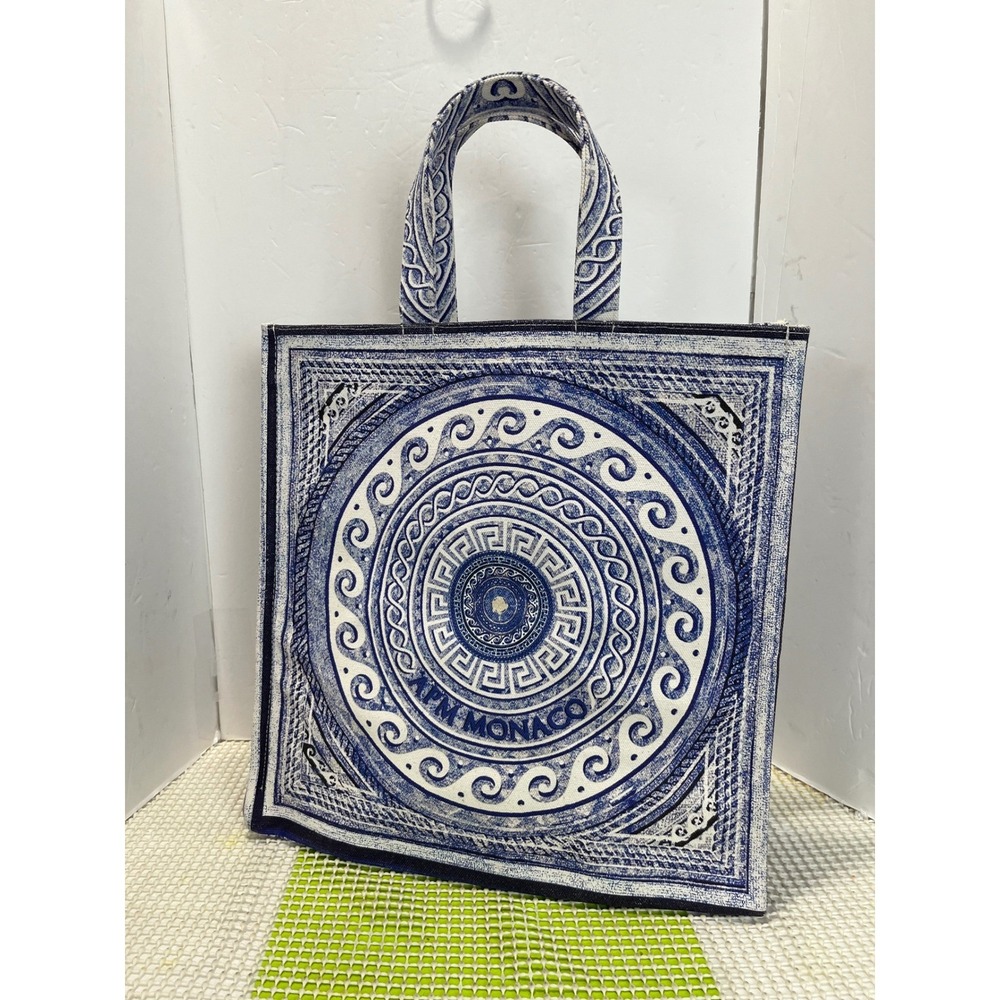 APM Monaco Blue White Canvas Tote Bag Mediterranean Greek Key Print Shopper GOOD